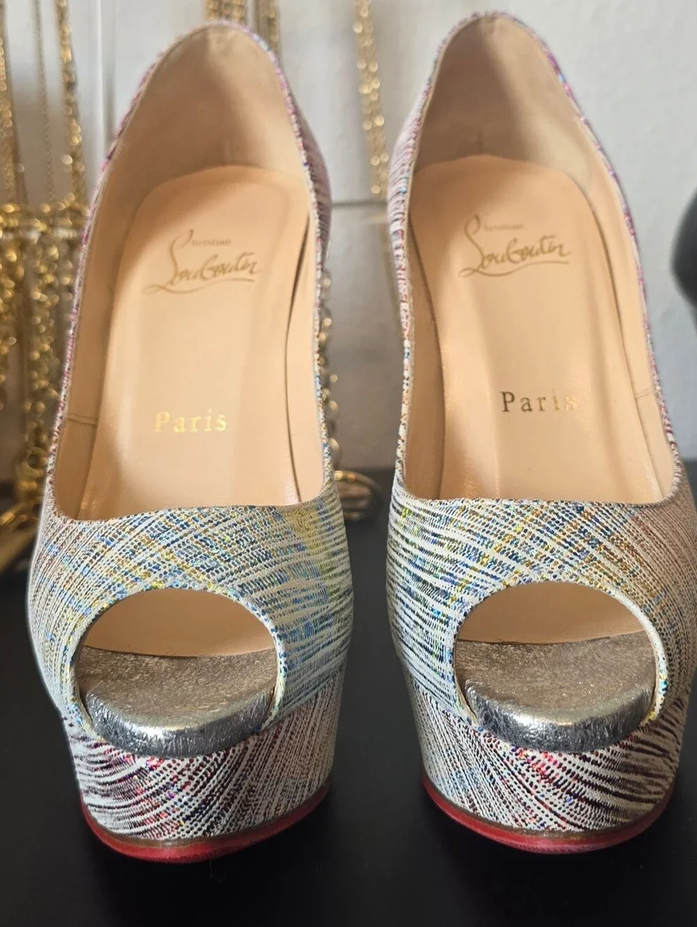 Christian Louboutin Laminated Suede Multicolor Peep-Toe Platform Pumps Sz 35